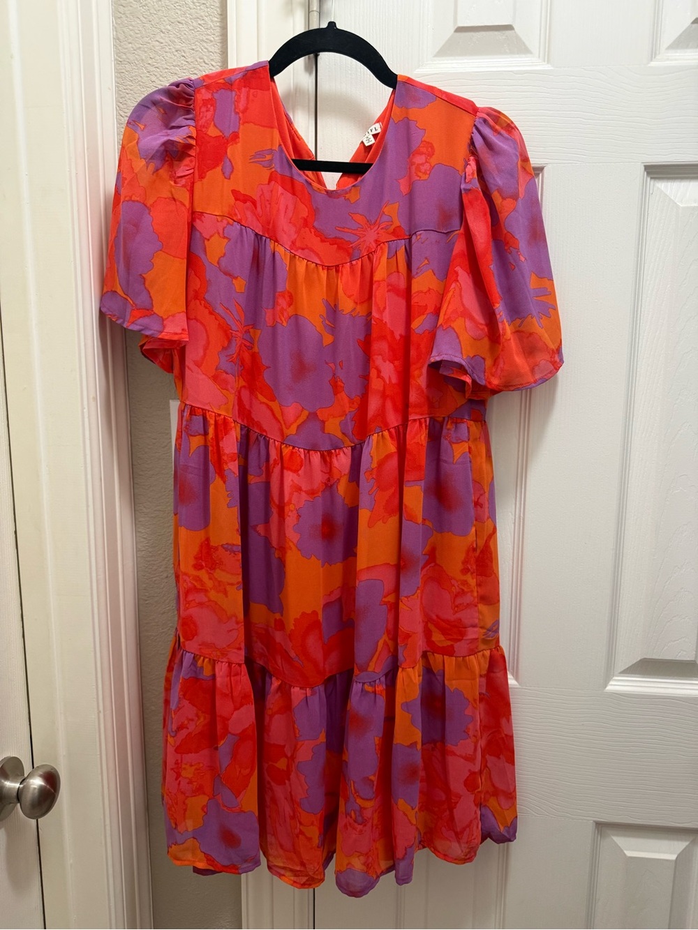 JODIFL Orange and Purple Floral Tiered Dress with Puff Sleeves